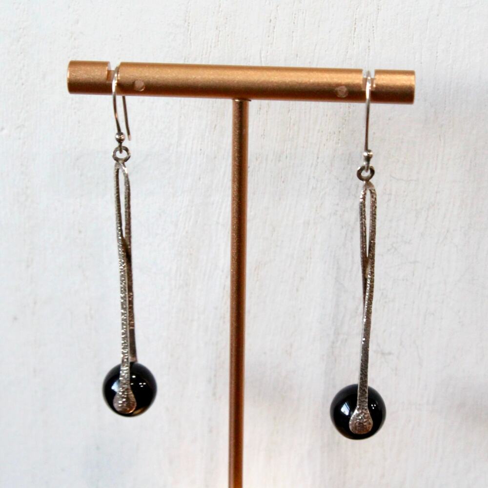 Vintage Handcrafted Sterling Silver Twist Drop/Dangle Earrings w/ Black Onyx - Picture 3 of 5